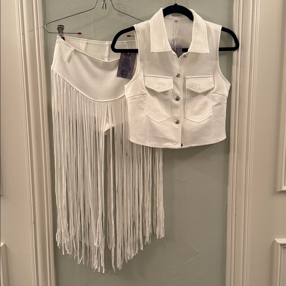 White Fringe Skirt and Vest Set